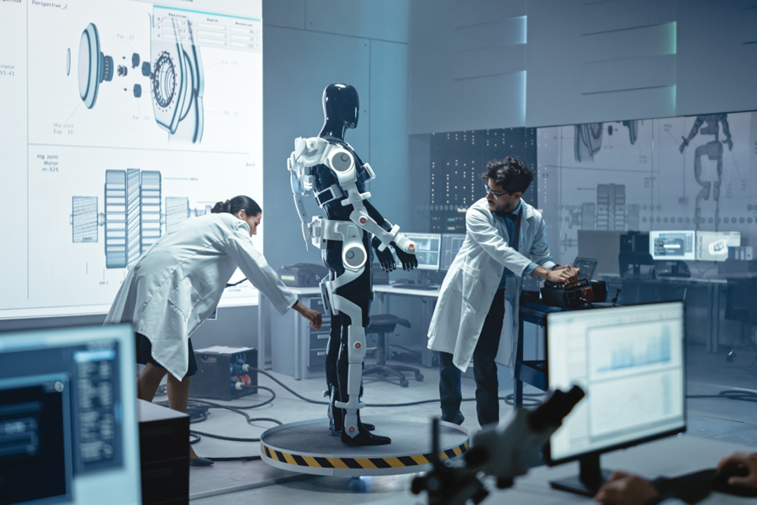 Zwei Menschen arbeiten an einem Exoskelett